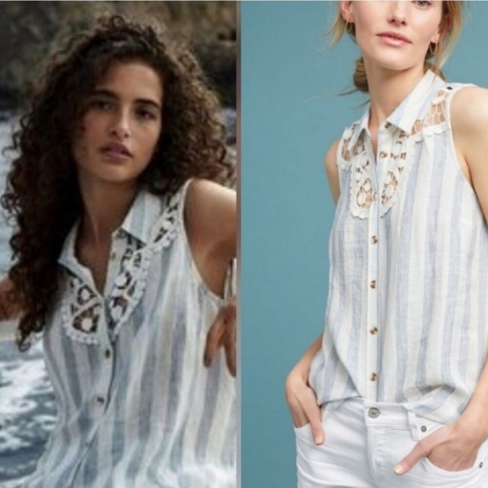 Anthropologie Maeve Edinboro Linen Top blue white‎ sz M